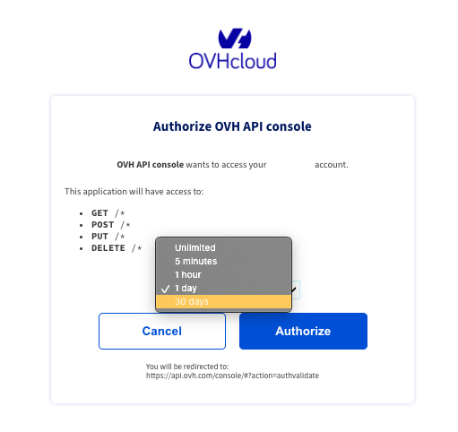 Autorizar el acceso del API a la cuenta de OVH